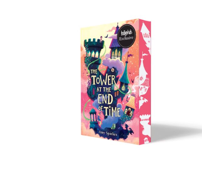 Book cover: The Tower At The End Of Time by Amy Sparkes. Indigo Kids exclusive edition. Cover shows a wonky tower with many turrets and pointed spires branching off the main tower. Nine, a scruffy orphan girl, is visible standing at the top on a turrret. Flabberghast the wizard is further down, on a different part of the tower. Eric the troll is visible in a different window. The background is soft pinks and orange, speckled with sparkling stars. Sprayed edges are dark pink with white images of a wonky tower.   