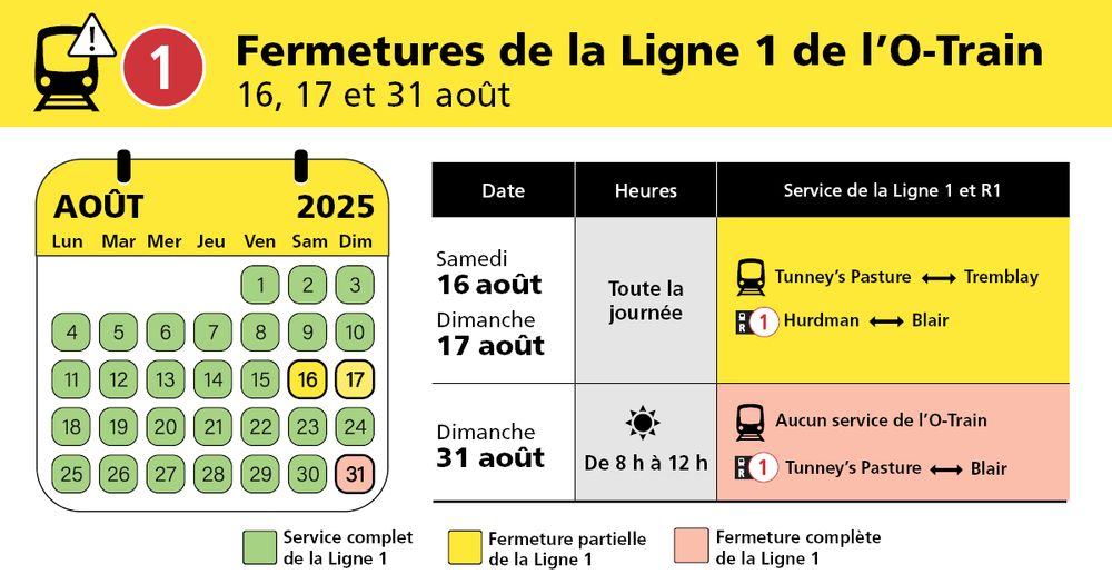 Calendrier du service d'entretien complet de la Ligne 1 du mois d'aout. 