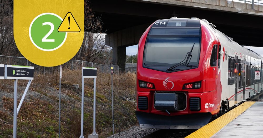 Ligne 2 de l’O-train avec un symbole d'avertissement.