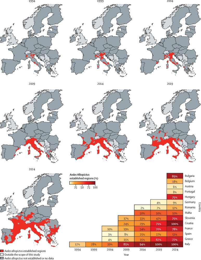 Landkarte von Europa die zeigt wie sich die Tigermücke in Europa im Lauf der letzten30 Jahre ausbreitet. 