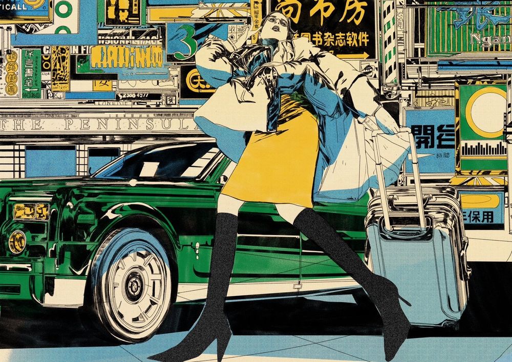 drawing of woman in front of a car and many signs 