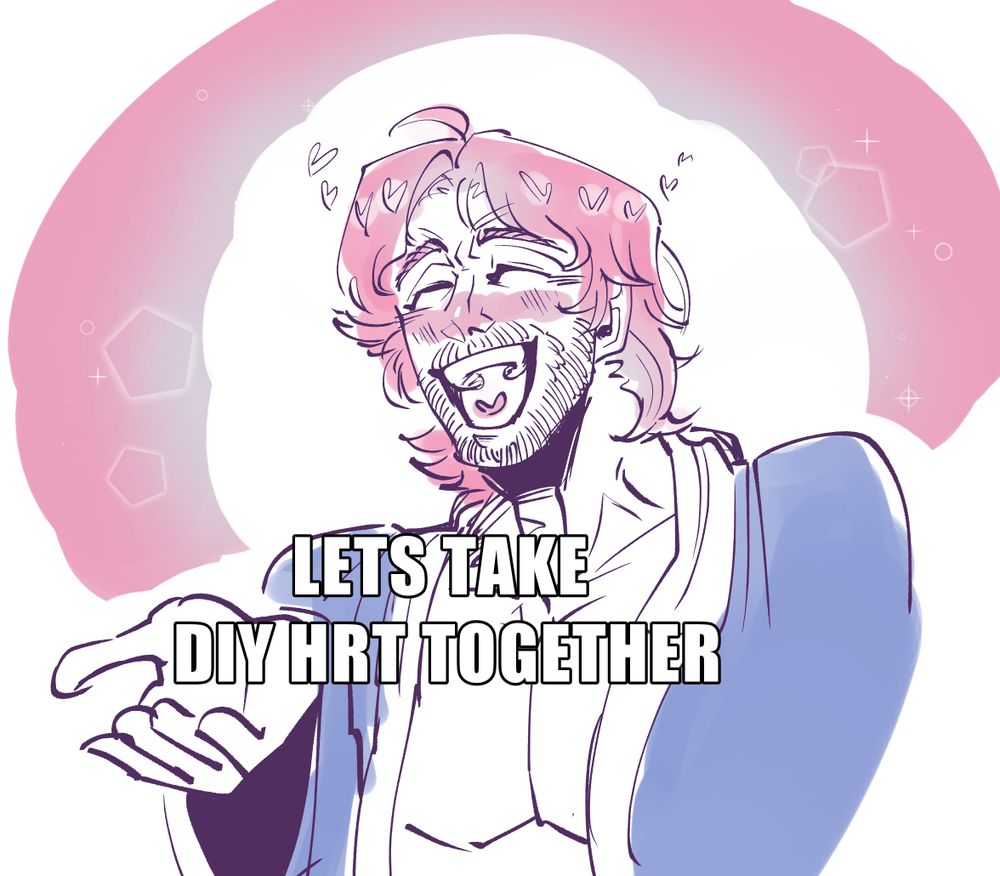 shitpost doodle of roh bryan holding his hand out with the caption "lets take diy hrt together" in reference to the "lets do ibuprophen" meme. the color scheme are the trans flag
