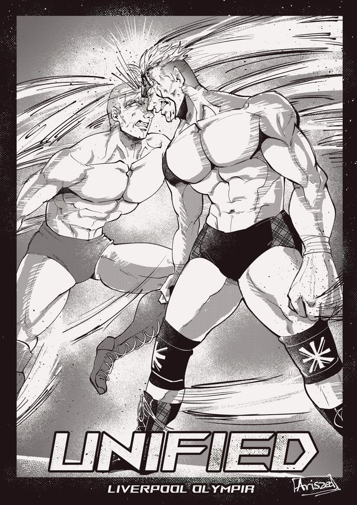A manga style cover. Bottom text says “Unified, Liverpool Olympia”. Bryan and Nigel are in the middle of butting heads