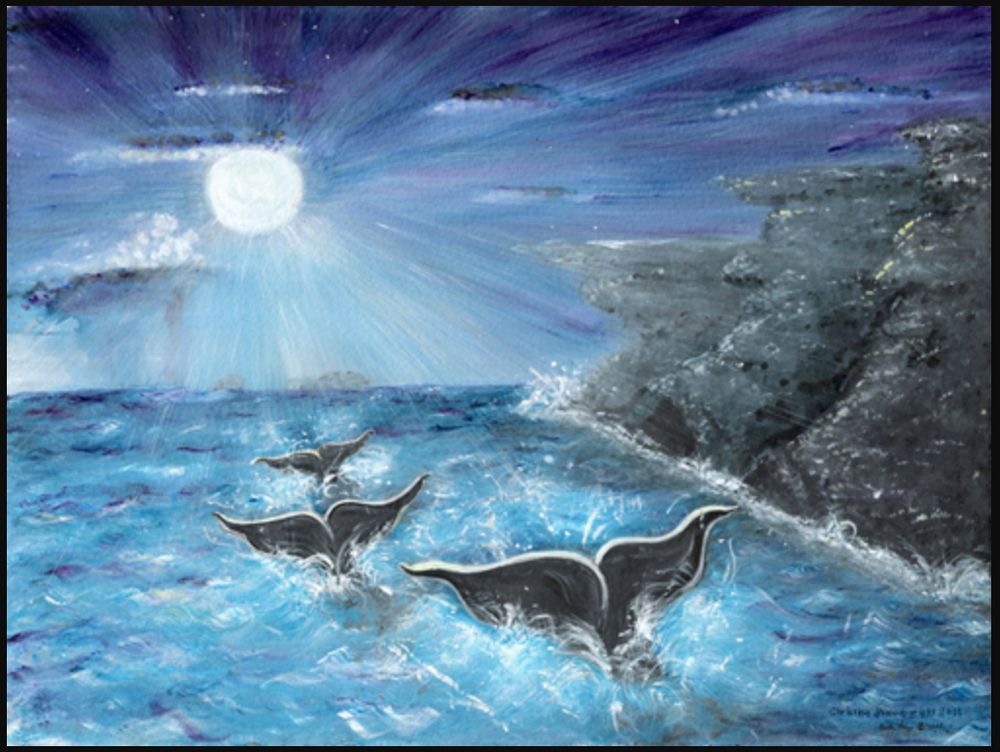 Originally painted in watercolor - Whale's Journey Home.   Three Whale tails in the ocean, along high rocky cliffs, full moon twilight with a storm brewing in the background.  by Christine Mix ©