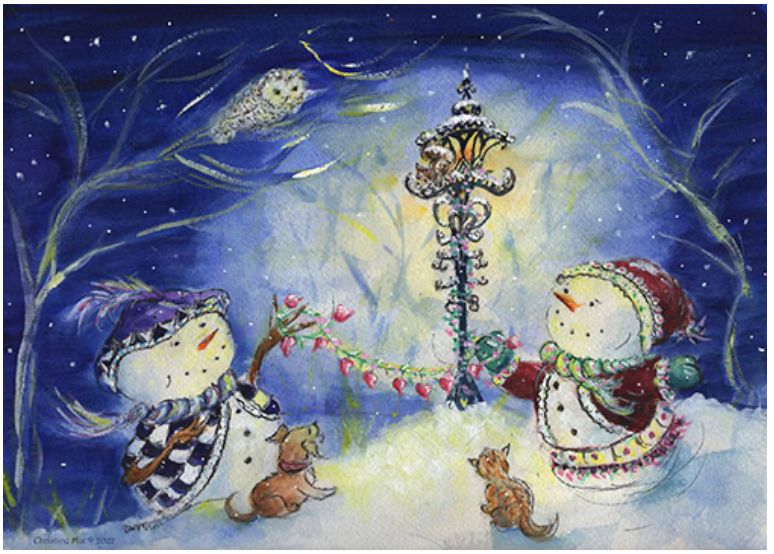 Snowfolk Magic - Love!   Two snow people, sharing a vine of hearts, by an old lamp in the snow, along with  their pets, a tabby cat and small brown dog - and a snowy owl watching from a tree above.