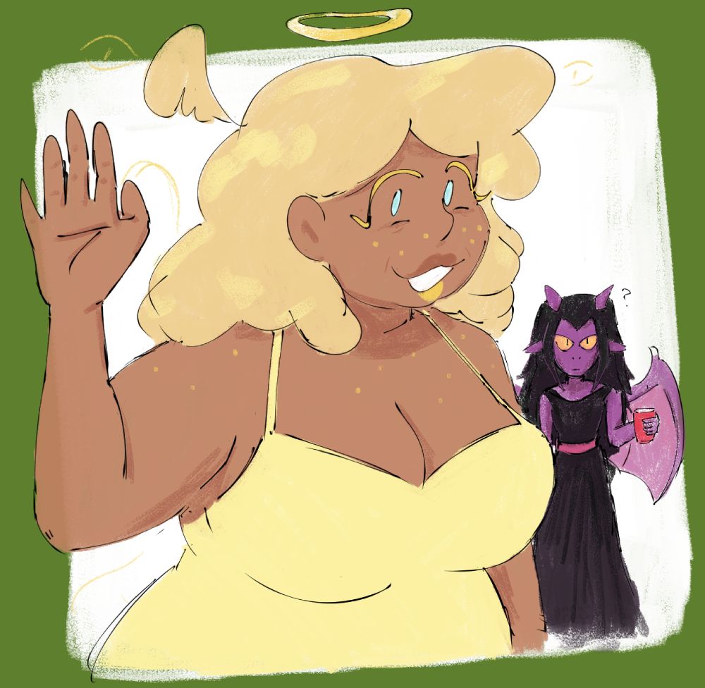 dami's ocs trichion and solstice!! solstice is wavin and lookin all friendly like usual and trichion has a red cup of unknown beverage and looks confused at the goings on. yay!