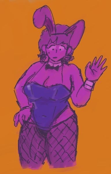 prasky in a bunny suit, looking perplexed. she's pulling a little piece of the leggings she's got on as she inspects everything. also she's shaded in purple and the background is orange. i WAS trying to do a halloween costume at first i swear