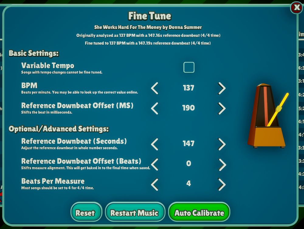 A UI screen with a metronome and a bunch of "Fine Tuning" settings for a custom music song, such as "Variable Tempo", "BPM", "Reference Downbeat Offset", etc.