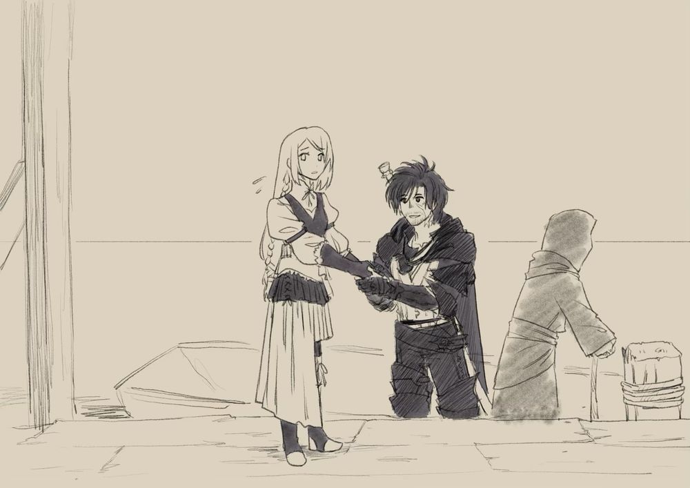 Jill and Clive and Obulus. Clive is convincing Jill to get on the boat.