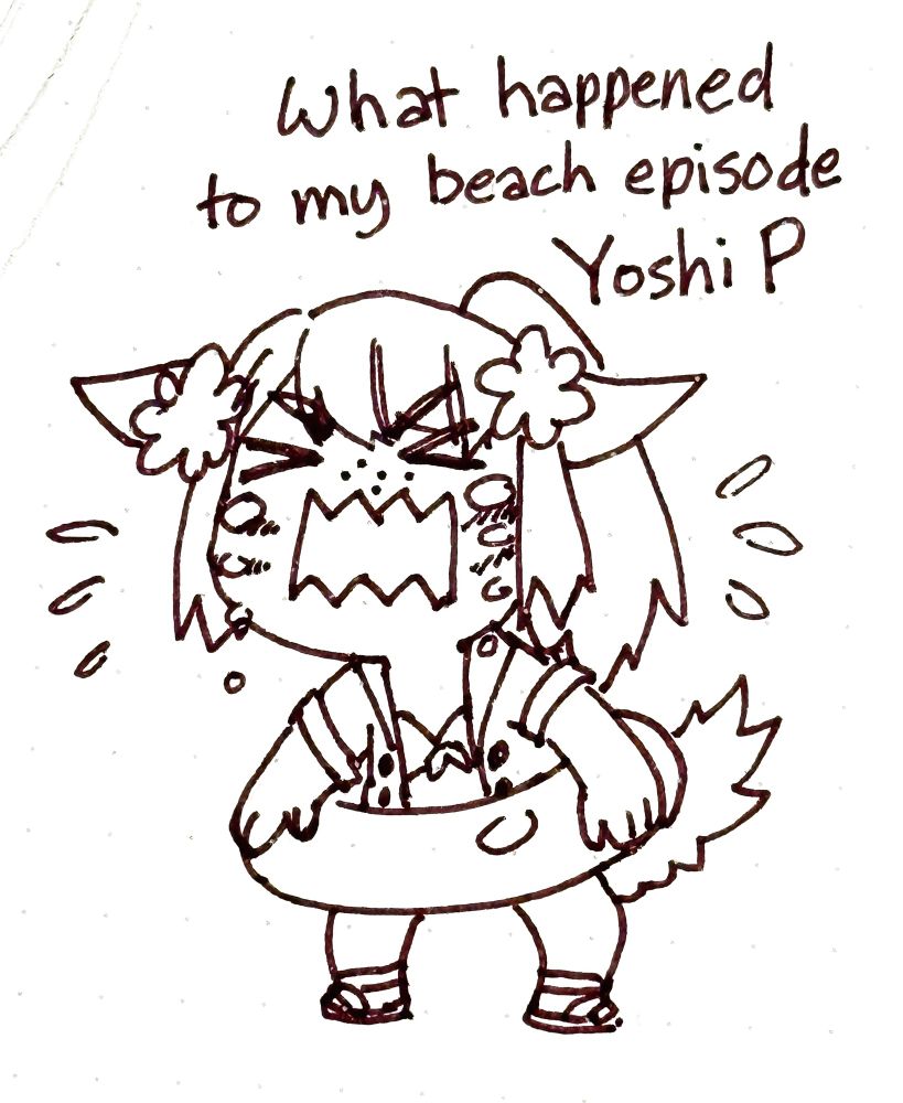 A crying miqo’te with a swimsuit and inner tube asking “what happened to my beach episode Yoshi P”