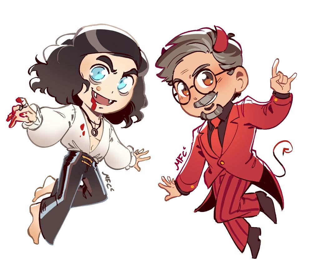 Super deformed drawings of Thomas Zane as a vampire, with blood in his mouth and a flowy short showing his torso, and Casper Darling as a demon in a full suit and horns. Colored this while hearing a boring lecture/Sales pitch for Generative AI because tech will never be able to replicate the burning passion a young girl can have for Old Man Yaoi
