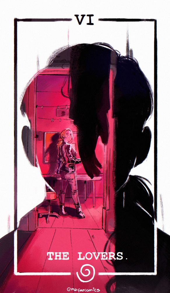 Alice Wake from Alan Wake 2, in her bathroom-turned-dark-room revealing photos. She looks behind her, seeing a shadowy figure in a suit.