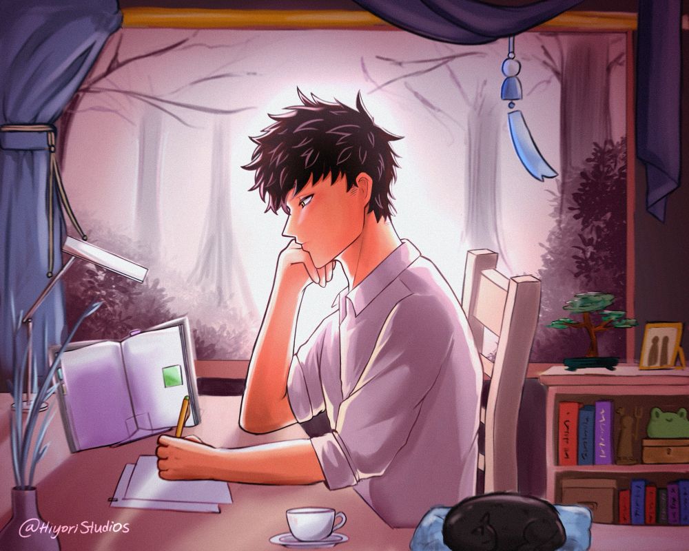 This is Haruki! I made this artwork for a lofi collab I was in on Instagram

Haruki is like my favorite child xD but also I put my hopes and dreams into Haruki. Haruki in his past life was a demon king and after dying and becoming a normal human he wanted to try living a normal life along side his mother, friends and his girlfriend Kalera

Haruki loves to read and even though he’s a high schooler he has been a chef at a high end restaurant