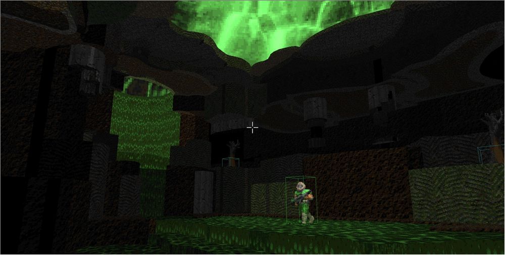 a slimey cave. you can see the sky above, a slimefall to the left, and in the back, a dark elevated cliff,.