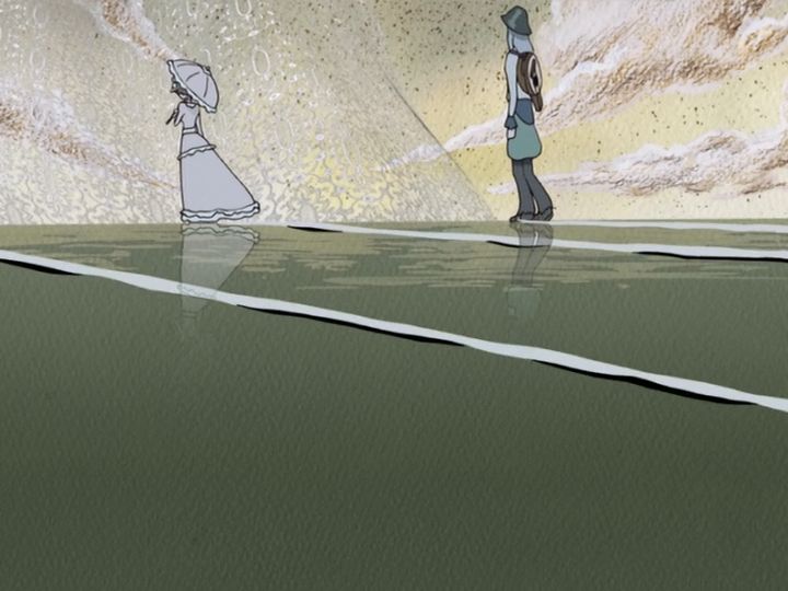 Raphael and his lost love stand amid rippling waves, with storybook esc clouds in the sky, and a veil waved in the background.