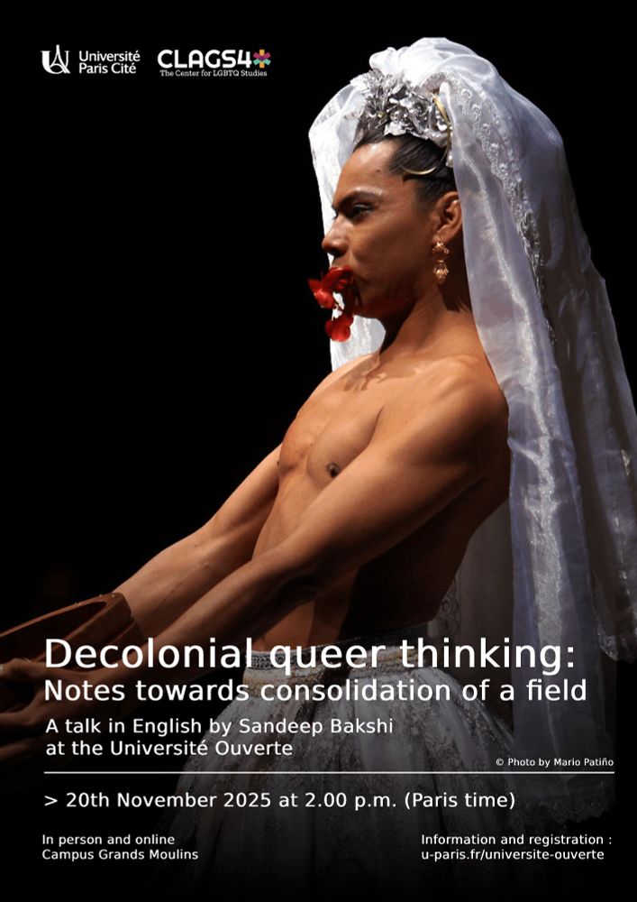Flyer of Decolonial Queer Thinking. Image by Mario Patiño, artist. Image of a person of colour with a white veil and naked torso with a flower in their mouth. 