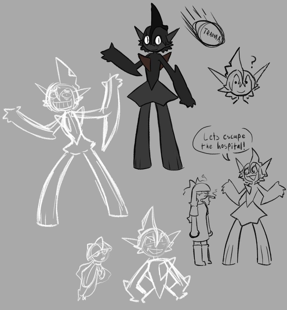 Several doodles of a rather typical looking Gallade, though with a melanistic pallet. One drawing has them gesturing to their trainer saying 'lets escape the hospital!'
