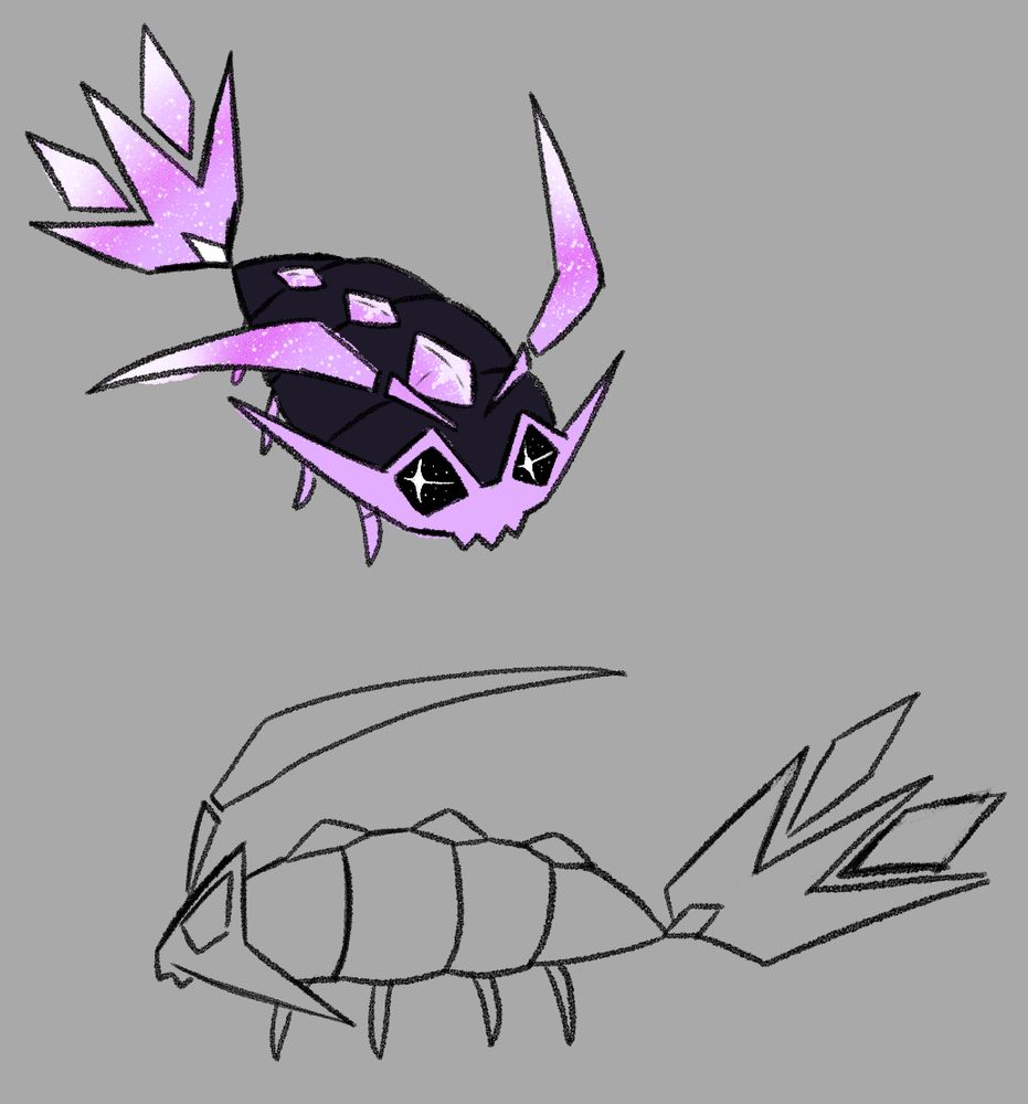 A wimpod with a more cosmic look, sporting crystals along it's spine with stars. The overall pallet is pink and white, with the main body being a dark purple. There is a top down view and a side profile for the design