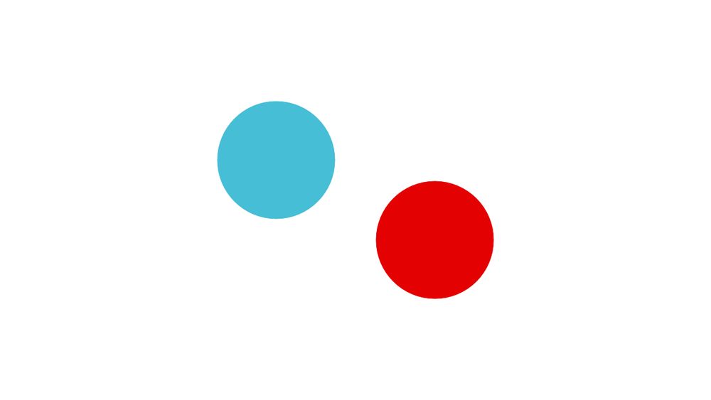 Two dots, one light blue and one red, giving the impression that they're orbiting around each other.