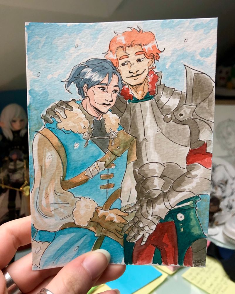 A postcard format watercolor of Felix and Sylvain from Fire Emblem Three Houses (fe3h)