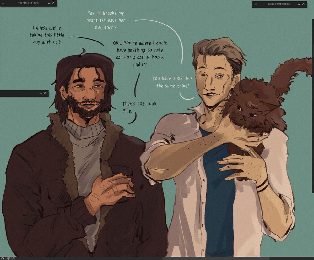 Avel and Auden (op's characters) in modern clothes and talking about the stray cat on Auden's shoulder. Said cat is big and fluffy. The pair is joking about how cats are just like kids.