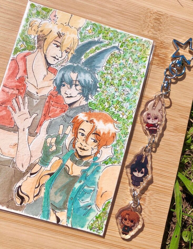 A watercolor depicting two viera boys (respectively reddomi and chozobo's WoLs) and an Auri girl (op's WoL) taking a selfie. Next to the watercolor is a keychain featuring chibi versions of the three. Stooges!!