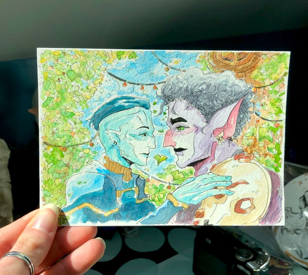 An A6 format watercolor with bright colors featuring Steb and Scar (Batfish) from the show Arcane. They are holding each other. The scene takes place under the Firelights' tree.