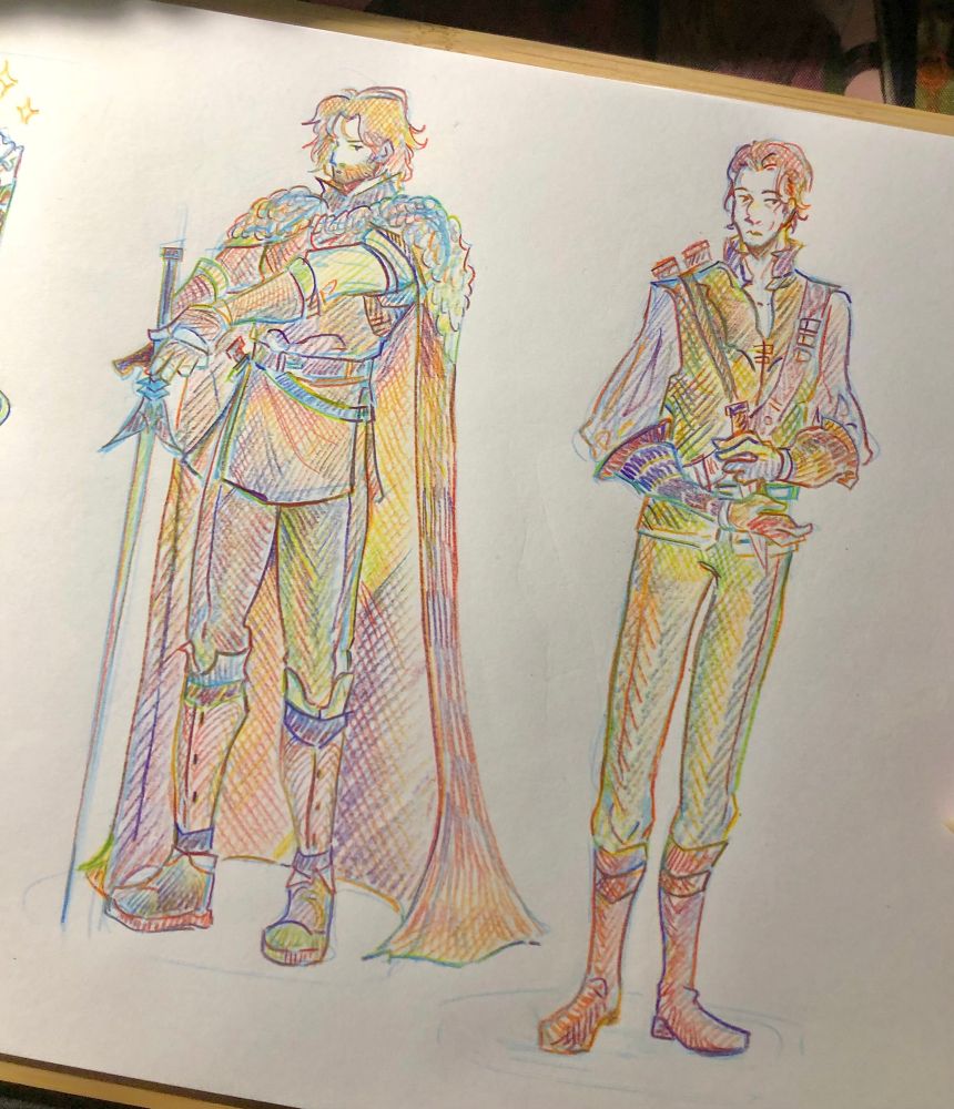 Rainbow colored pencil sketches of Avel and Auden, op's characters. Avel is Bi and❓about gender, Auden is gay and transmasc, happy pride month!! 