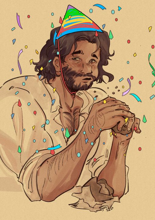 a half-body drawing of op's character, Avel, eating something that looks like a potatoe?
There are confettis and sparkles layered on top of the original picture