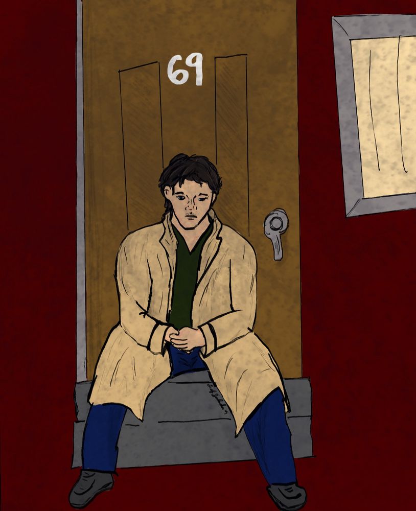 A man, Castiel sitting on the step of a motel room waiting in the rain.
