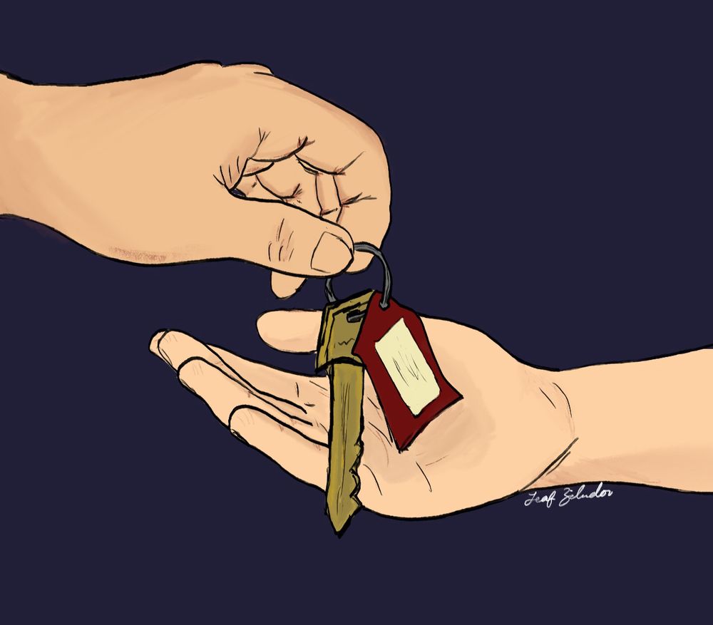 Two hands, one handing over the keys to a room with a red and yellow tag.