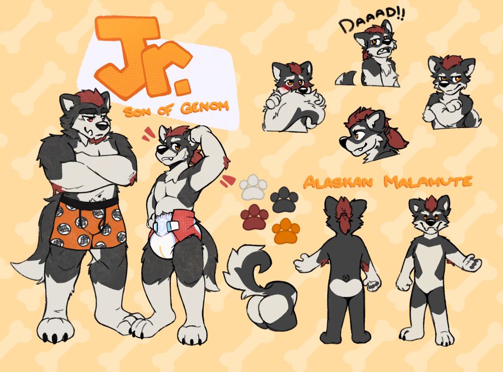 Ref sheet for Jr. the ref sheet shows the character posed on the left with his dad, a simplified view for colours and pattern details, and expressions to show personality type. 