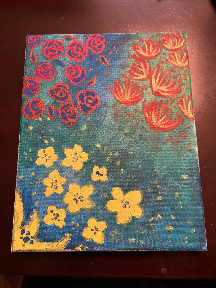 painting of various flowers: blue roses, spider lilies, and little yellow flowers on a blue-green background