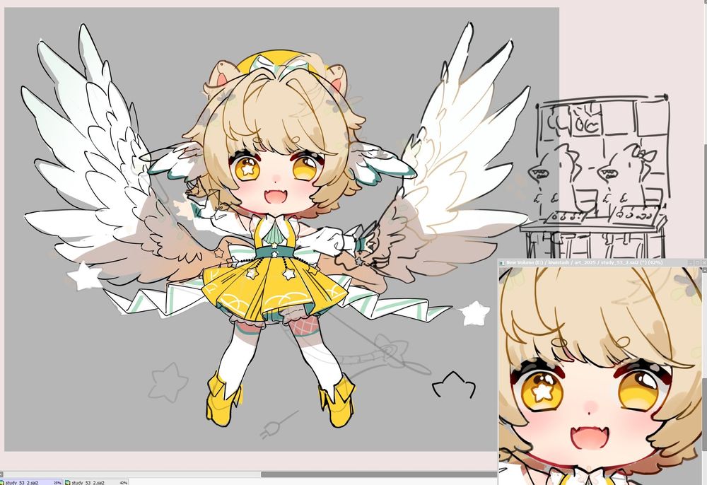 a rough colored sketch of a girl with wings, a yellow dress and lion ears.