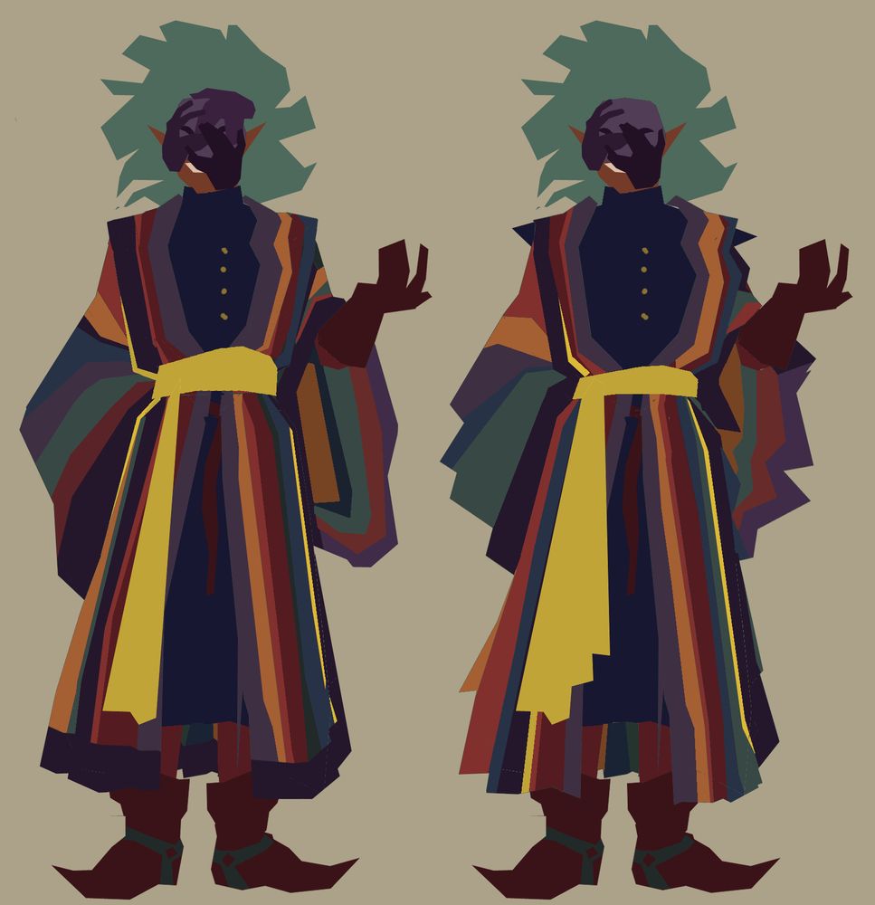 loose paper cut out style design of the scourge of kingswall. they're a half elf with medium-tone skin and wild, poorly dyed green hair, wearing rainbow-striped robes and a cruel half smile.

to be honest the smile just looks kinda cute so you'll have to trust me on that one it is ill intentioned.