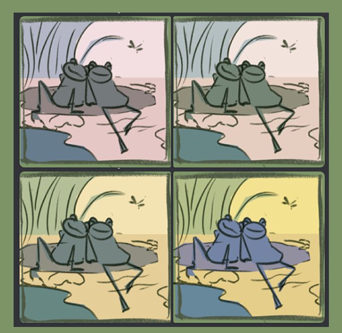 four thumbnail sketches of two simple, stylized frogs hold hands on a lilypad in the early morning golden hour. each has a different color palette leaning either yellow or pink.