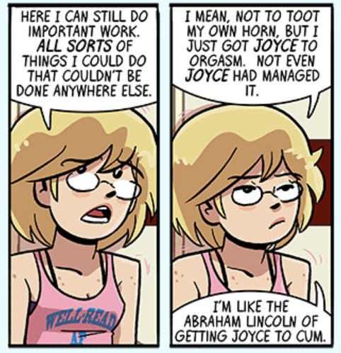 Two panel snippet from the Dumbing of Age webcomic showcasing Dorothy Keener in a laundry room.

Panel 1: 