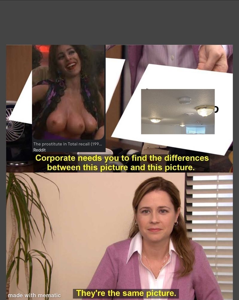 Meme: left box 3 booked lady from total recall. Right box 3 boob style light fixtures in my basement. With text between them:corporate needs you to find the difference between this picture and this picture. Bottom box: lady from office, they're the same picture

