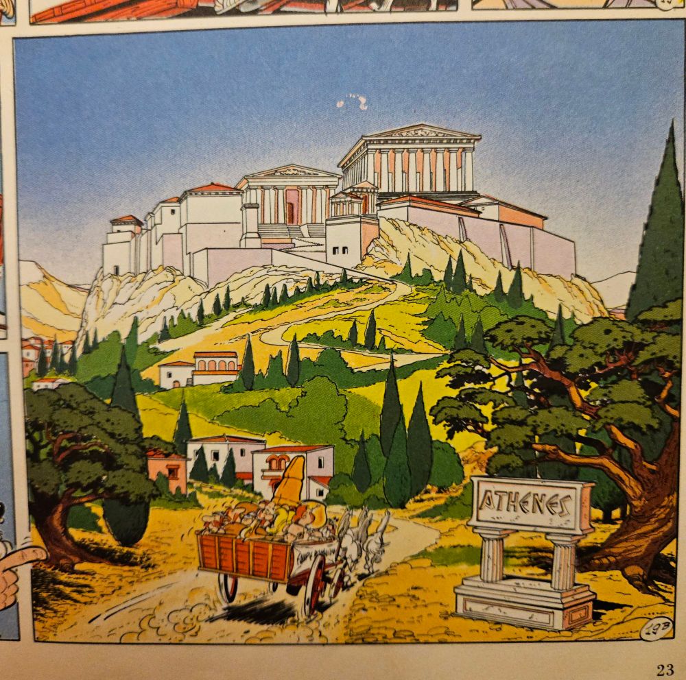 La charette gauloise arrive a Athènes  perchée sur une colline 