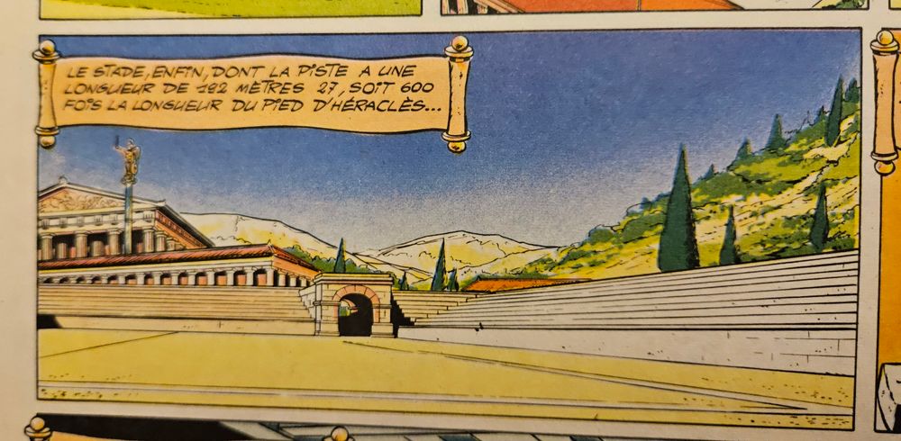 "Le stade, enfin, dont la piste à une longueur de 192 mètres 27, soit 600 fois la longueur du pied d’Heracles.