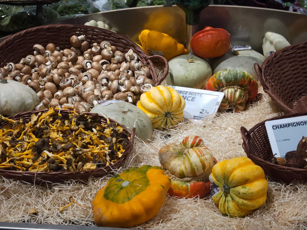Des courges au milieu de paniers de champignons