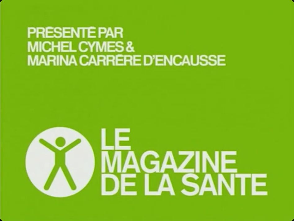 Carton de fin du magazine de la santé. En haut le nom des présentateurs, en bas le logo. Tout est blanc sur fond vert