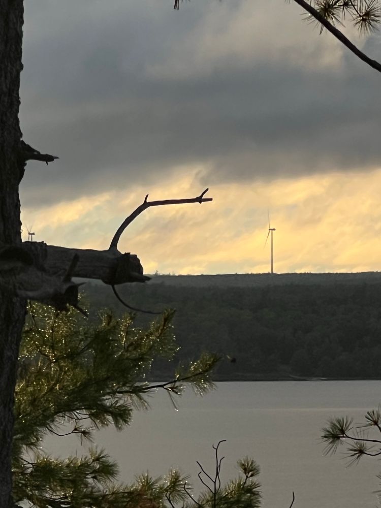 a windmill on the horizon at sunset