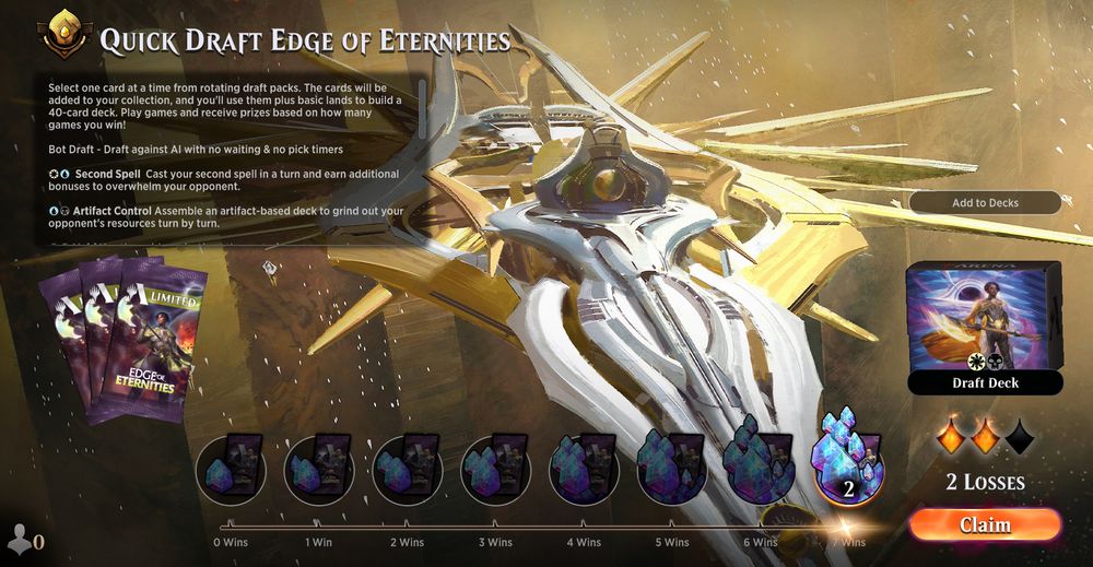 A screenshot from MTGA EOE quickdraft showing a 7-2 result.