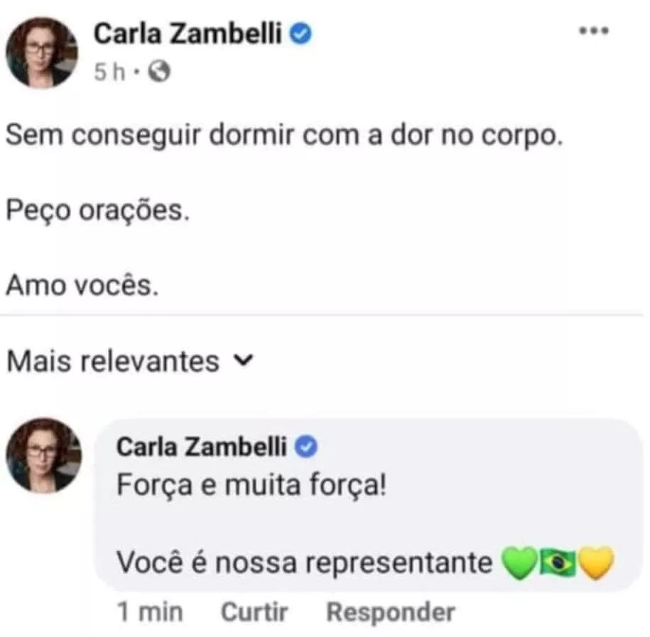 print de tweet da carla zambelli dizendo que ta com dores e que nao consegue dormir, com a resposta dela propria abaixo desejando força pra ela mesma: "força e muita força! voce é nossa representante"