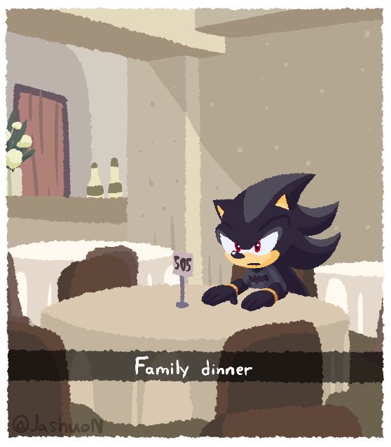 Artwork of Shadow the Hedgehog as Batman sitting in a restaurant alone. The text reads "Family dinner"