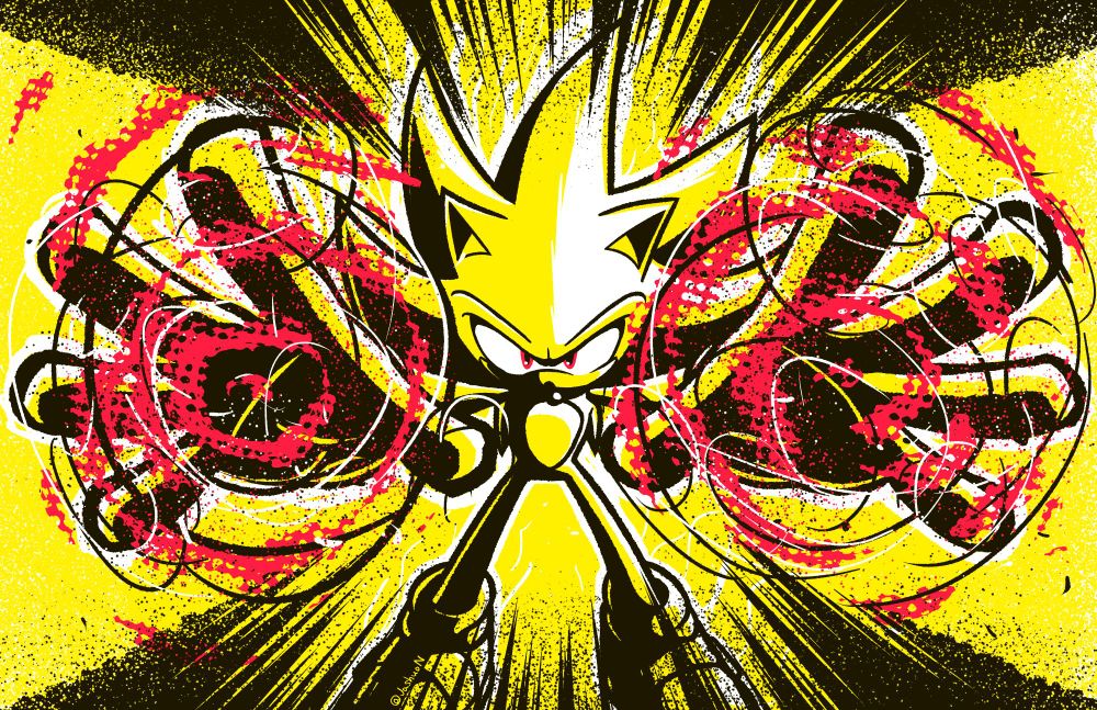 Artwork of Super Sonic holding his hands out, with immense power emanating from his hands.