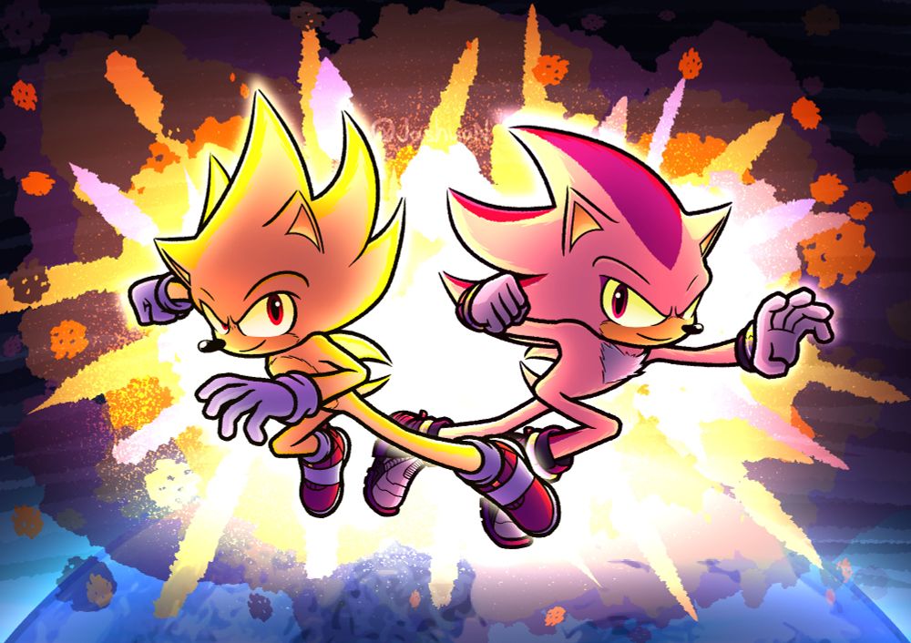 A redraw of a Sonic Movie 3 scene, where Super Sonic and Super Shadow recreate the Sonic Adventure 2 Battle pose.