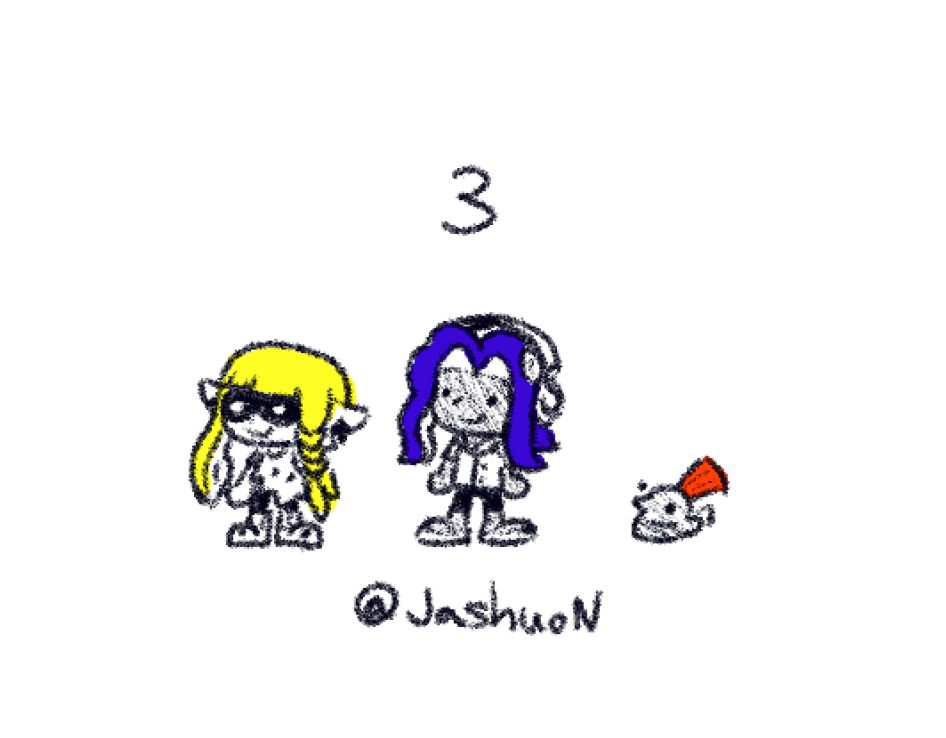 A very rushed doodle of an Inkling, an octoling, and a small fry, with the number 3 floating ominously above them.