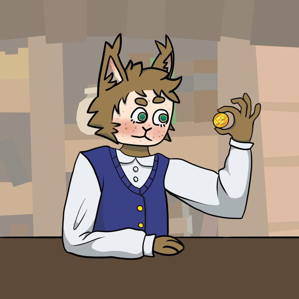 A Raposa character with brown fur looking at a gold coin. He's wearing blue clothes, and their background depicts Creation Hall.